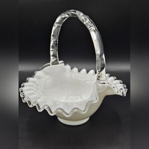 Vtg Fenton Silver Crest Milkglass #7237 SC 7" Handled Art Glass Basket